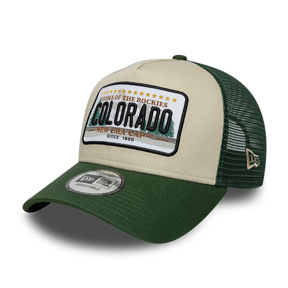 Pictured is this New Era Licence Plate 9FORTY A-Frame Trucker cap in dark green. 1