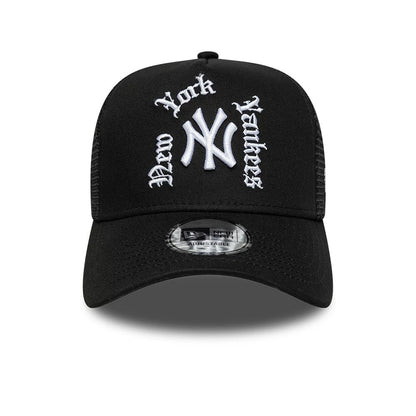 Pictured is this MLB Script New York Yankees 9FORTY A-Frame Trucker cap in black. 2