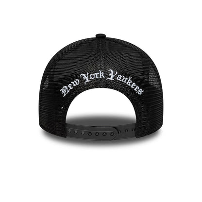 Pictured is this MLB Script New York Yankees 9FORTY A-Frame Trucker cap in black. 4