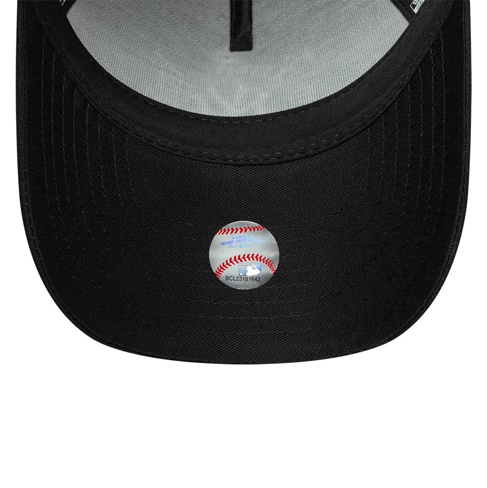 Pictured is this MLB Script New York Yankees 9FORTY A-Frame Trucker cap in black. 5