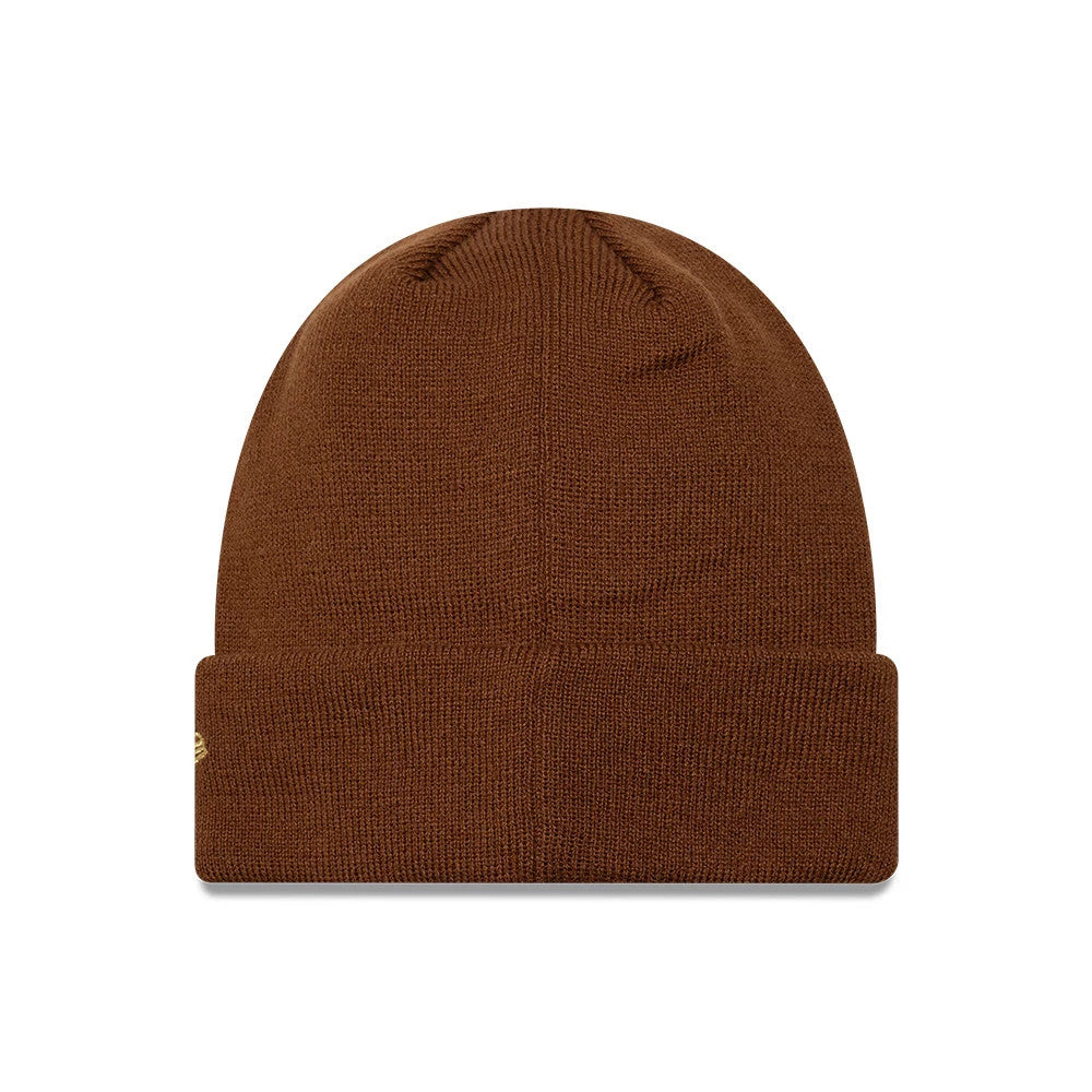 Pictured is this Womens MLB Metallic Logo New York Yankees Cuff Knit Beanie hat in brown. 2