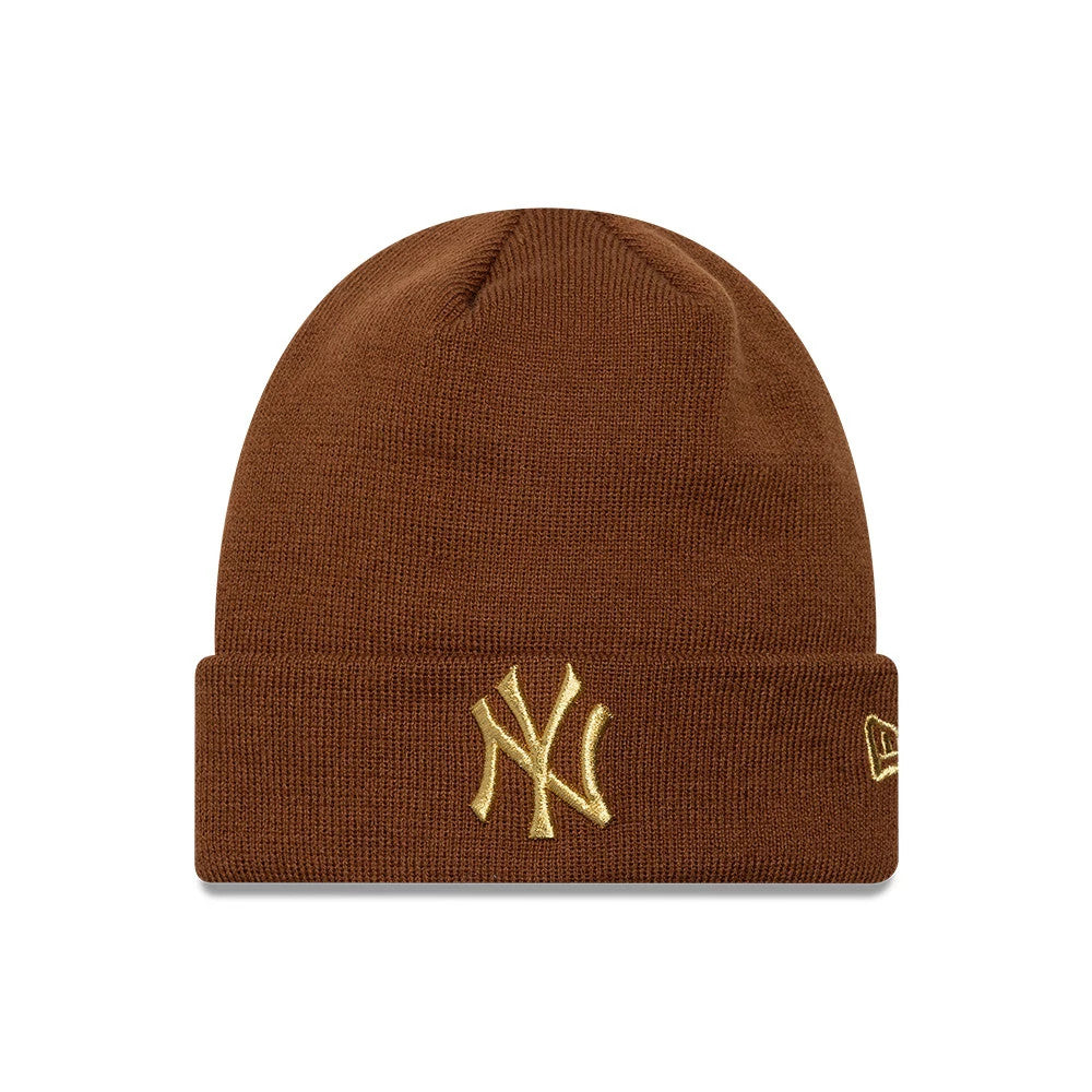 Pictured is this Womens MLB Metallic Logo New York Yankees Cuff Knit Beanie hat in brown. 1
