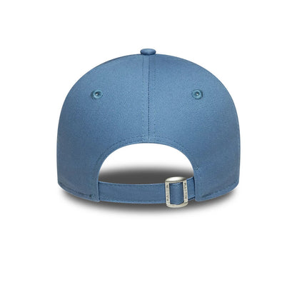 New York Yankees Womens MLB League Essential Blue New Era 9FORTY Adjustable Cap, rear view showing an all-blue structured crown with eyelets, a curved visor, and an adjustable fabric strap featuring a silver buckle.