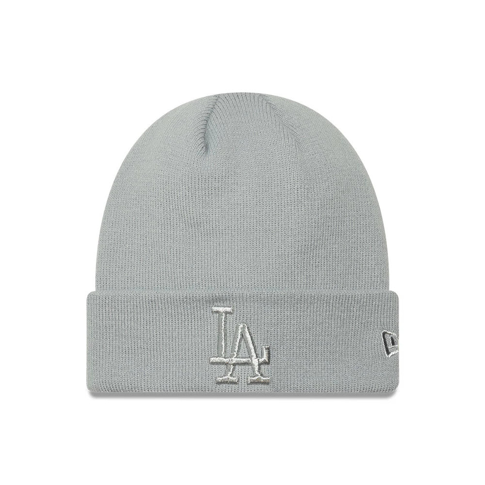New Era LA Dodgers Womens MLB Metallic Logo Grey Cuff Knit Beanie Hat, front view showing the silver LA logo embroidered on the front cuff, with a soft grey knit texture and the New Era flag logo on the left side.
