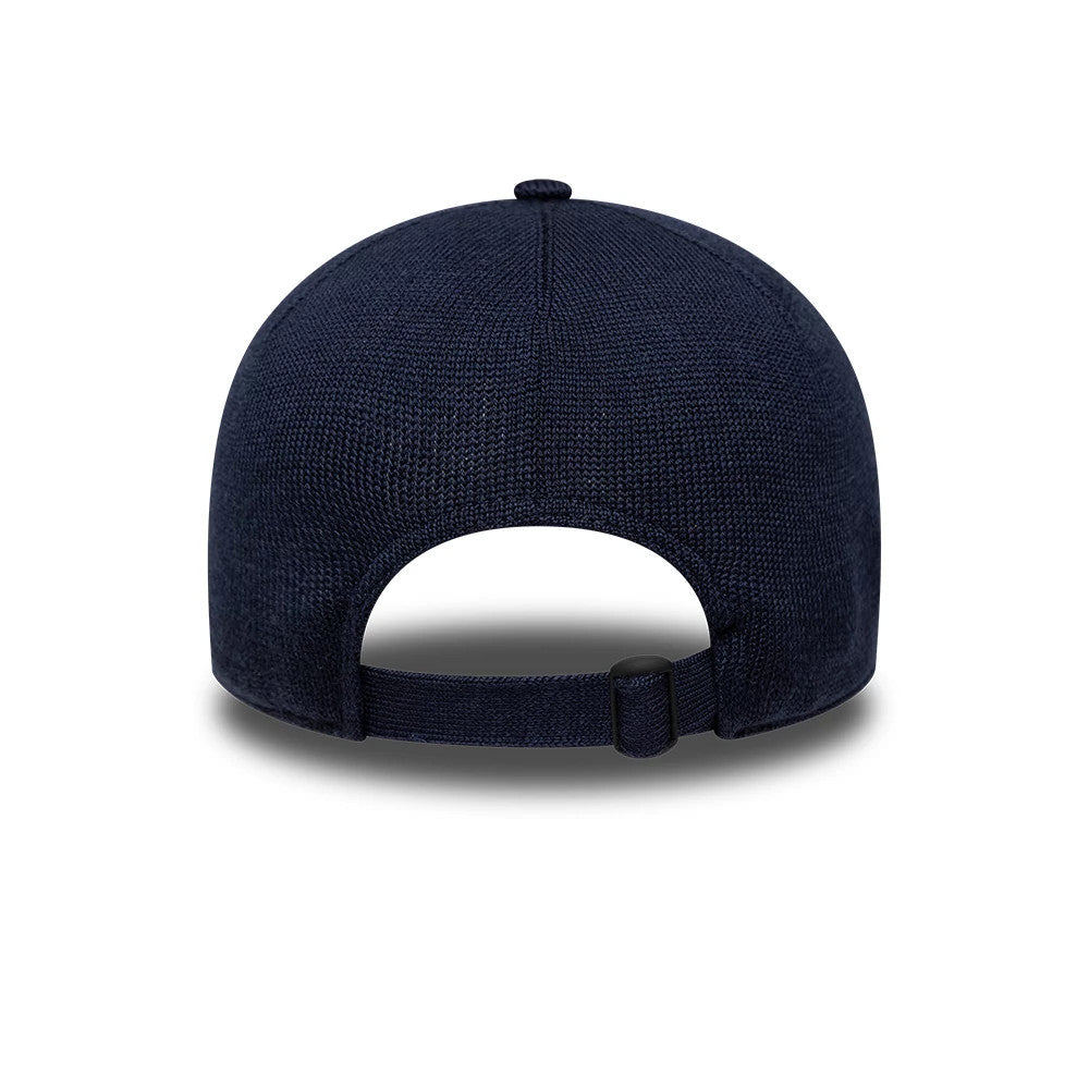 New York Yankees MLB Knitted Navy New Era 9TWENTY A-Frame Adjustable Cap, rear view showing the adjustable strap with a buckle at the back, a curved seamless design on the structured navy crown, and a top button.