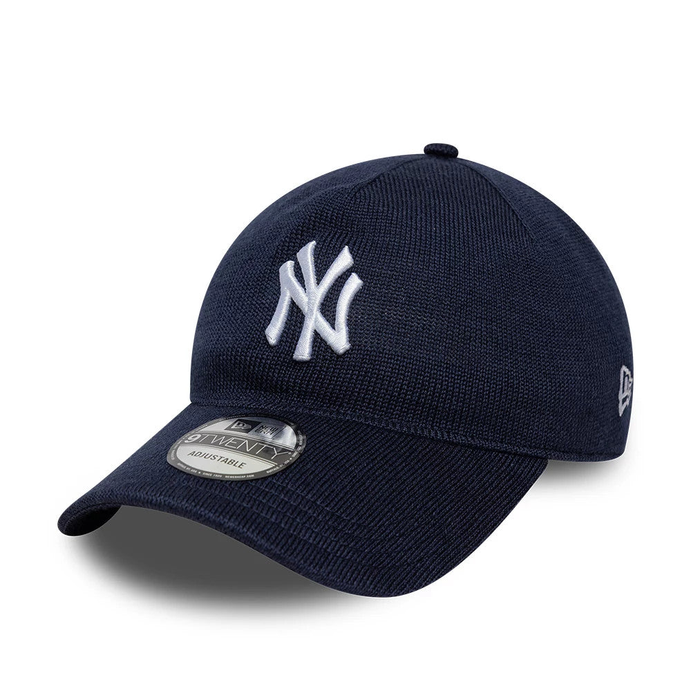 New York Yankees MLB Knitted Navy New Era 9TWENTY A-Frame Adjustable Cap, three-quarter view showing raised white NY embroidery on the front panel, curved navy visor with the 9TWENTY size sticker, and New Era flag logo on the left side.