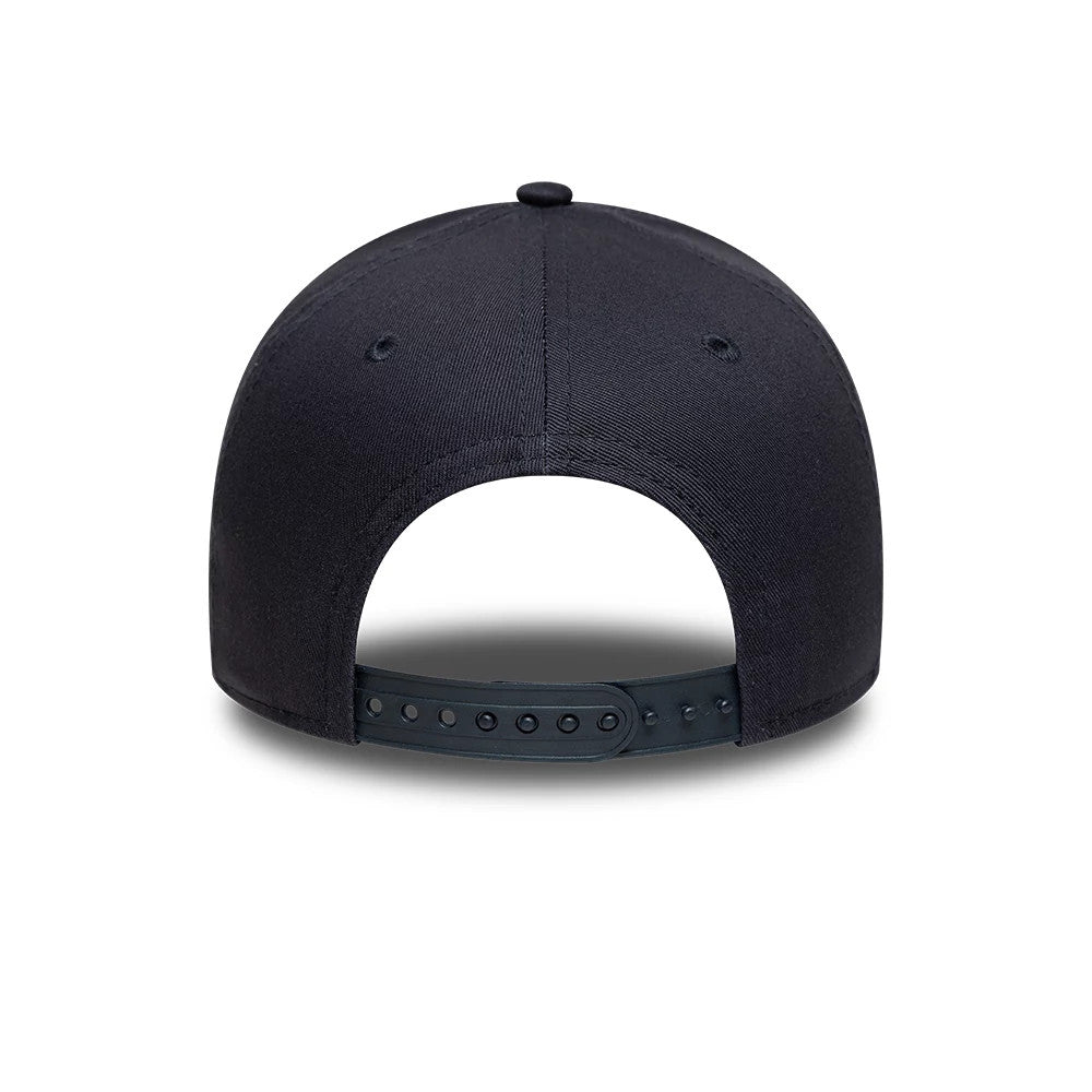 New York Yankees MLB League Essential Navy New Era 9FORTY A-Frame Adjustable Cap, rear view showing the adjustable snap strap and curved bottom edge, navy panels, and structured construction, without logos on the back.
