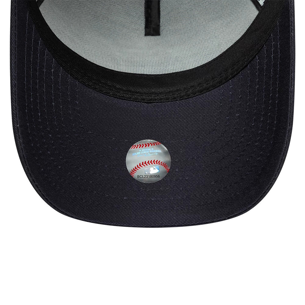 New York Yankees MLB League Essential Navy New Era 9FORTY A-Frame Adjustable Cap, inside view showing the grey undervisor, interior taping in black, grey sweatband, and an MLB sticker centred on the visor, highlighting the craftsmanship.