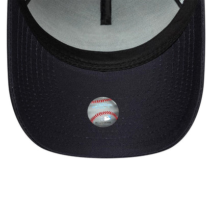 New York Yankees MLB League Essential Navy New Era 9FORTY A-Frame Adjustable Cap, inside view showing the grey undervisor, interior taping in black, grey sweatband, and an MLB sticker centred on the visor, highlighting the craftsmanship.