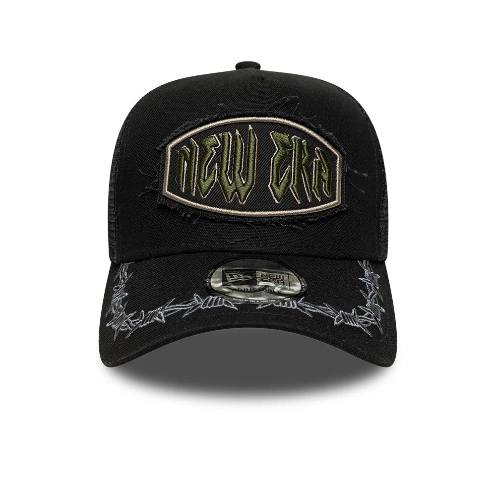Pictured is this New Era Distressed Patch 9FORTY E-Frame Trucker cap in black. 2
