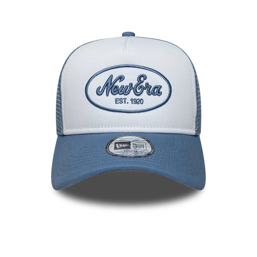 Pictured is this Youth New Era Oval Patch 9FORTY A-Frame Trucker cap in blue. 2