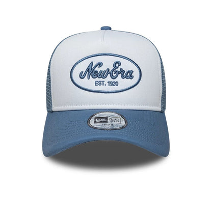 Pictured is this Youth New Era Oval Patch 9FORTY A-Frame Trucker cap in blue. 2
