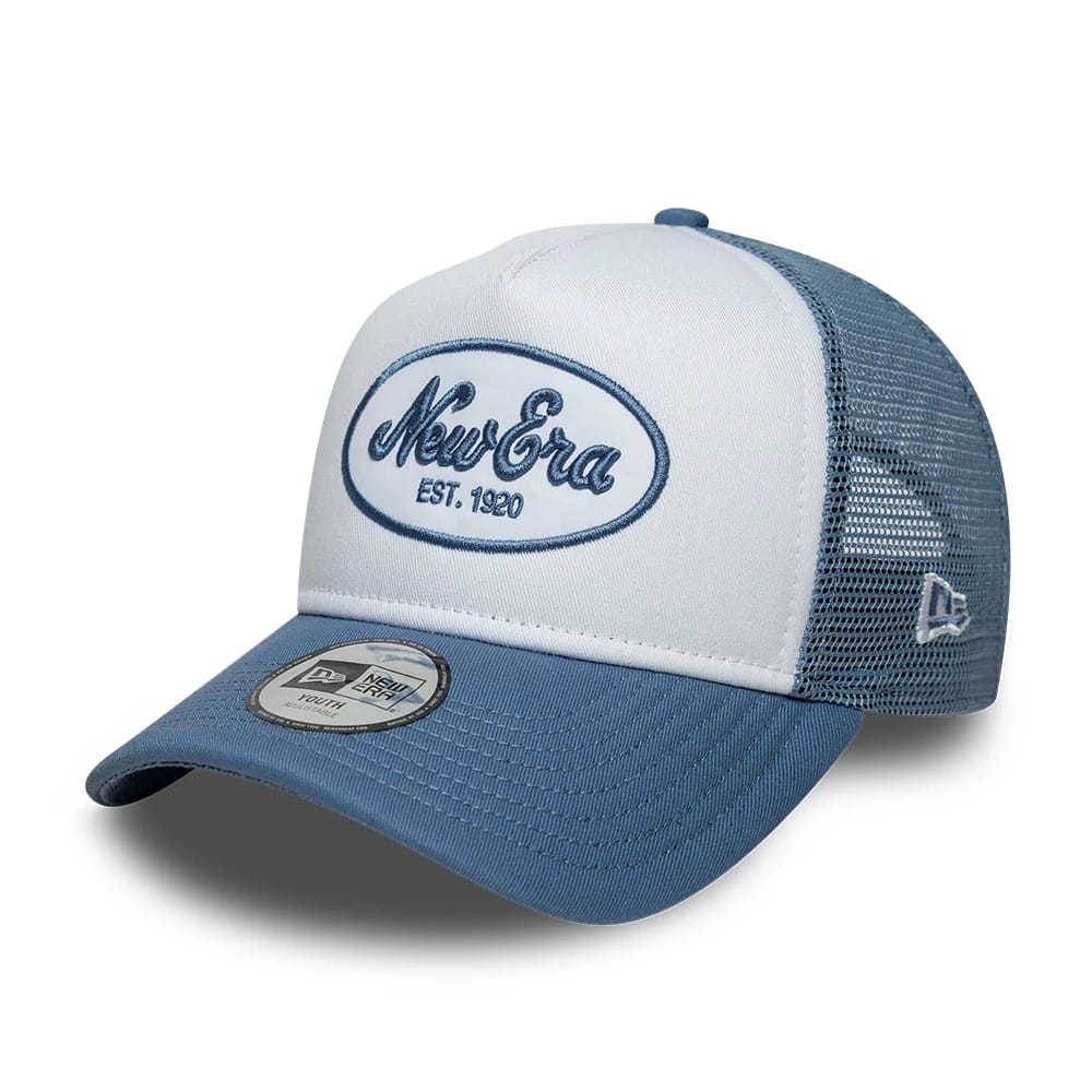 Pictured is this Youth New Era Oval Patch 9FORTY A-Frame Trucker cap in blue. 1