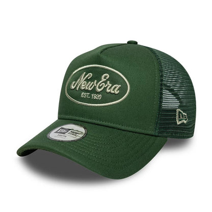 Pictured is this Youth New Era Oval Patch 9FORTY A-Frame Trucker cap in dark green. 1