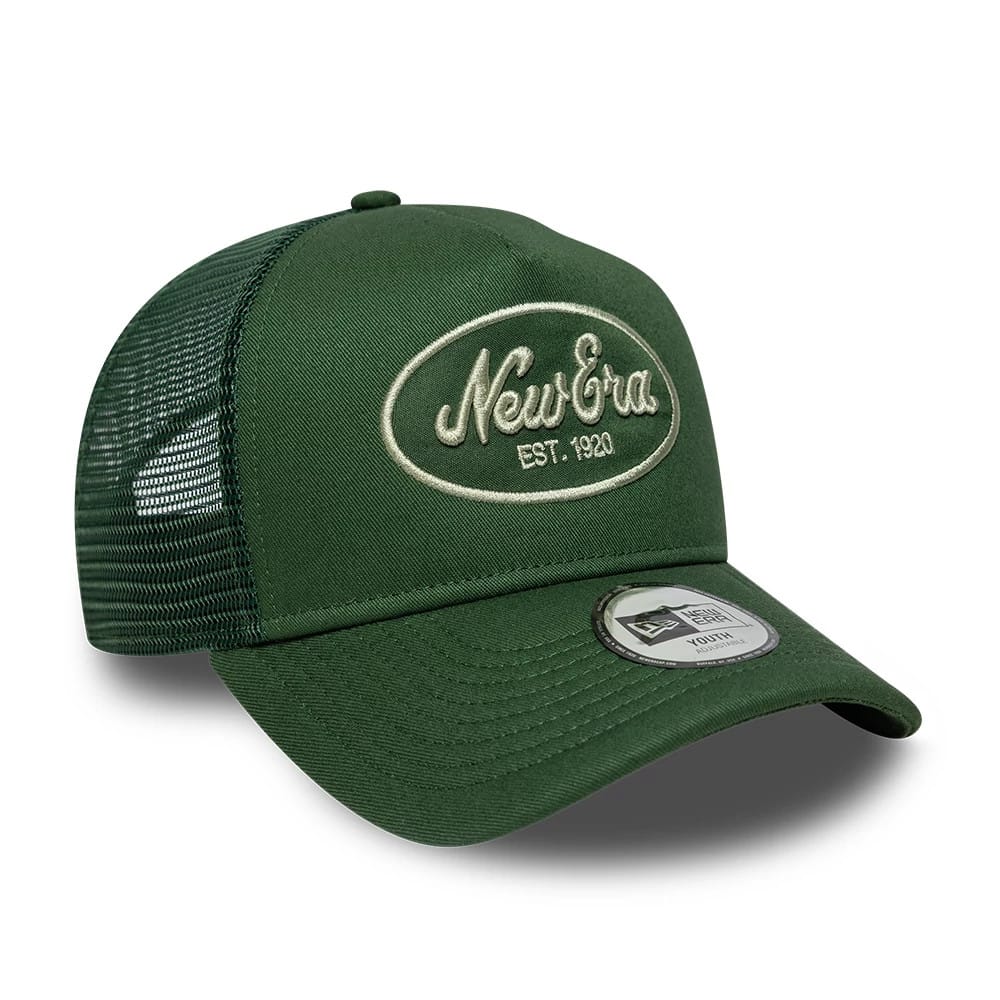 Pictured is this Youth New Era Oval Patch 9FORTY A-Frame Trucker cap in dark green. 3
