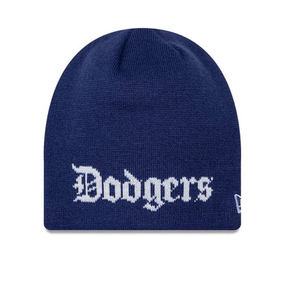Pictured is this MLB Script LA Dodgers Skull Knit Beanie hat in dark blue. 1