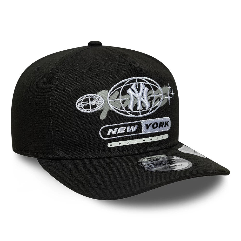 New York Yankees MLB Graphic Black New Era 19TWENTY Adjustable Cap, three-quarter view showing detailed white embroidered designs on front panels featuring a central Yankees logo, a black curved visor with a 19TWENTY size sticker, and a top button.