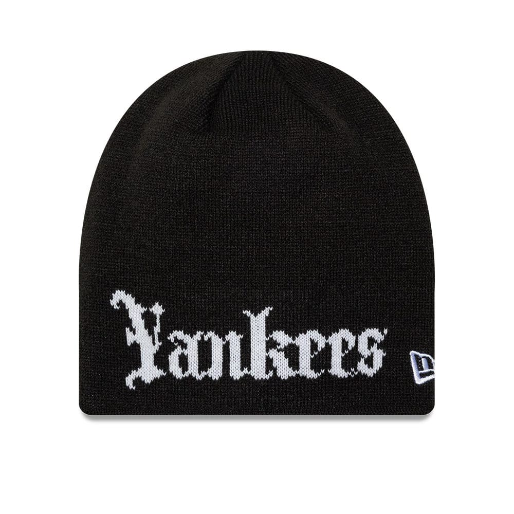 Pictured is this MLB Script New York Yankees Skull Knit Beanie hat in black. 1
