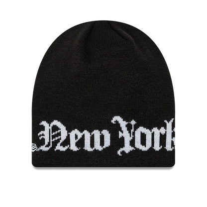 Pictured is this MLB Script New York Yankees Skull Knit Beanie hat in black. 2