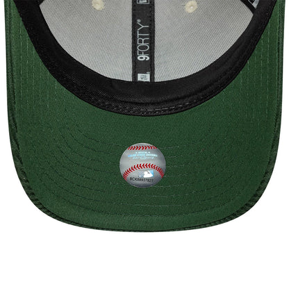 LA Dodgers MLB Cord Cream & Green New Era 9FORTY M-Crown Adjustable Cap, inside view showing the black sweatband, grey taping featuring the 9FORTY branding, and the green undervisor with a detailed holographic baseball sticker.