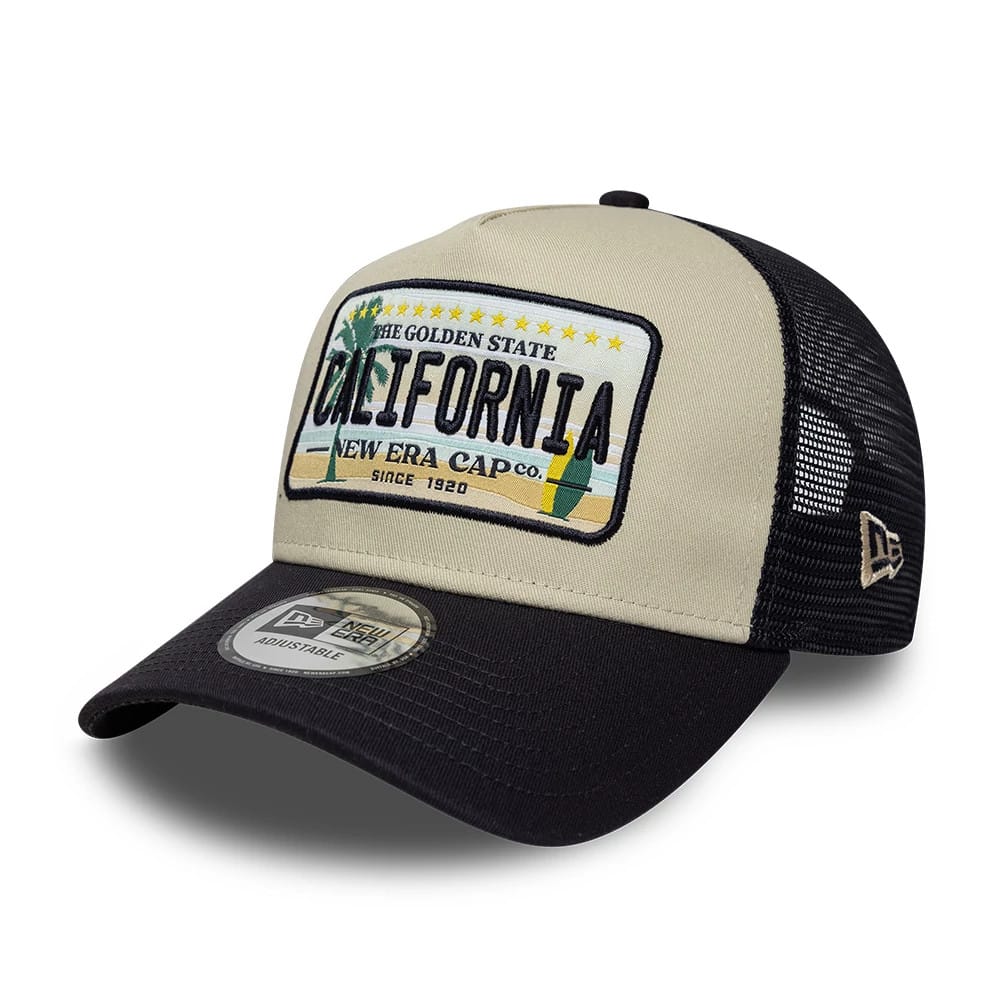 Pictured is this New Era Licence Plate 9FORTY A-Frame Trucker cap in navy. 1