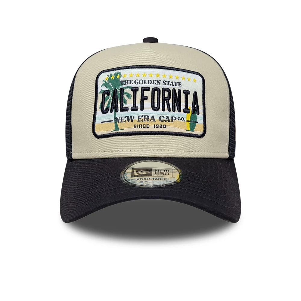 Pictured is this New Era Licence Plate 9FORTY A-Frame Trucker cap in navy. 2