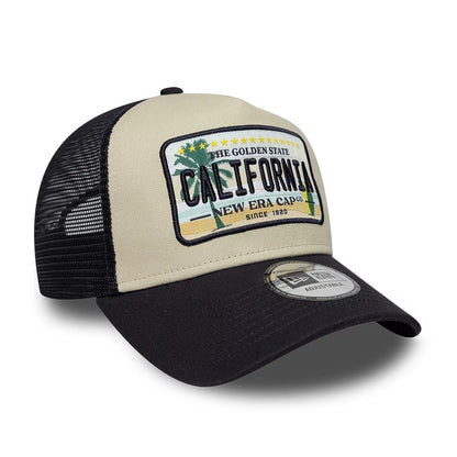Pictured is this New Era Cali Licence Plate 9FORTY A-Frame Trucker cap in navy. 3