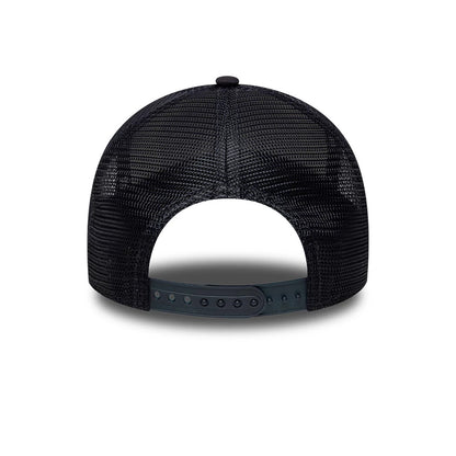 New Era Cali Licence Plate Navy 9FORTY A-Frame Trucker Adjustable Cap, rear view showing the black mesh back panels, a navy adjustable snap closure, and the absence of any additional logos or embroidery on the back.