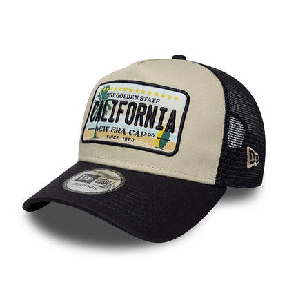 Pictured is this New Era Cali Licence Plate 9FORTY A-Frame Trucker cap in navy. 1