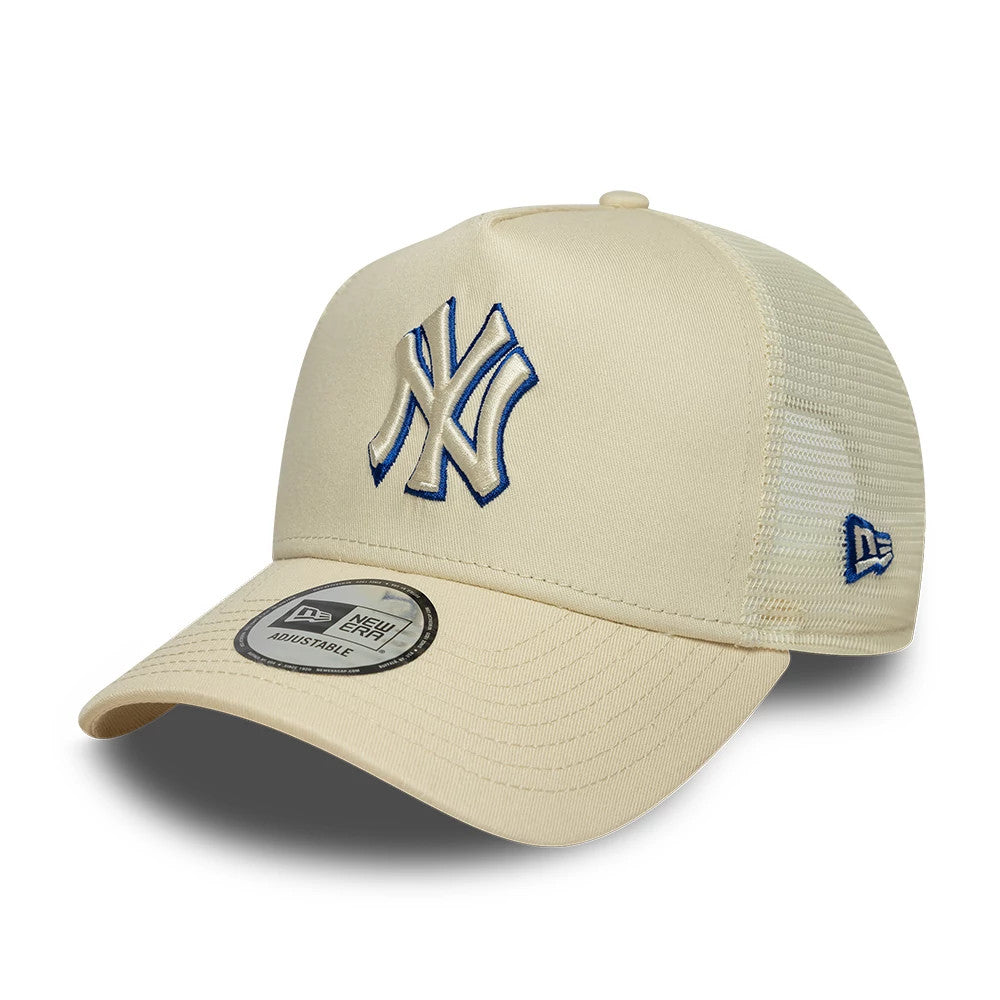 New York Yankees MLB Outline Cream New Era 9FORTY E-Frame Trucker Adjustable Cap, three-quarter view showing the raised navy outlined NY logo on the front panel, cream mesh back panels, curved cream visor.