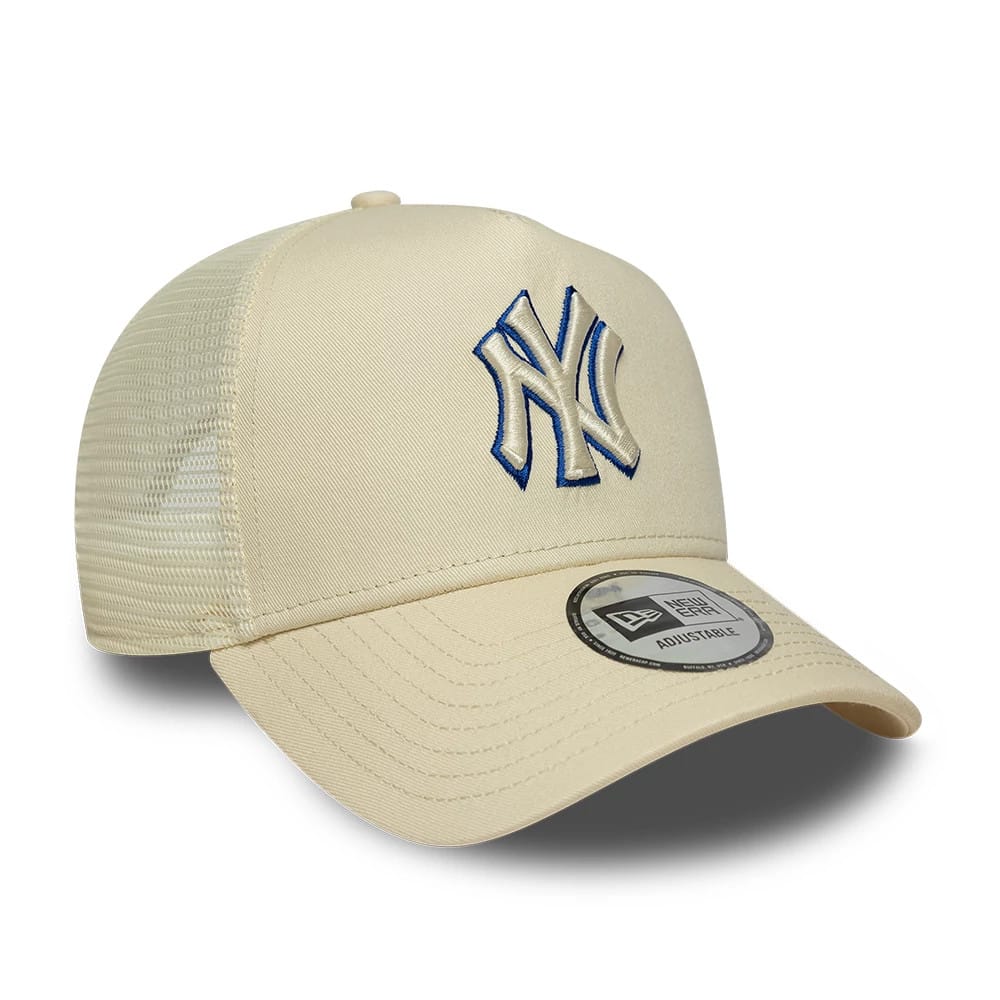 Pictured is this MLB Outline New York Yankees 9FORTY E-Frame Trucker cap in cream. 3