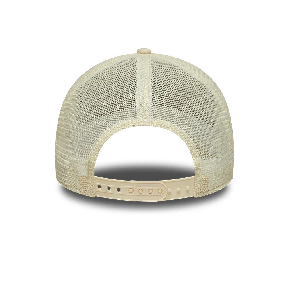 New York Yankees MLB Outline Cream New Era 9FORTY E-Frame Trucker Adjustable Cap, rear view showing the cream-coloured mesh back panels, the plastic snap closure for size adjustment, and the structured shape of the cap's crown.
