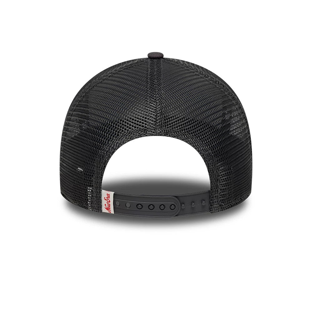 New Era Distressed Patch Charcoal 9FORTY E-Frame Trucker Adjustable Cap, rear view showing the red and white New Era tag on the adjustable black snapback closure, with a structured charcoal mesh back design.