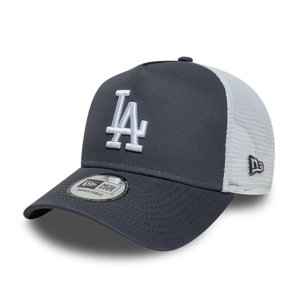 Pictured is this MLB League Essential LA Dodgers 9FORTY A-Frame Trucker cap in grey. 1