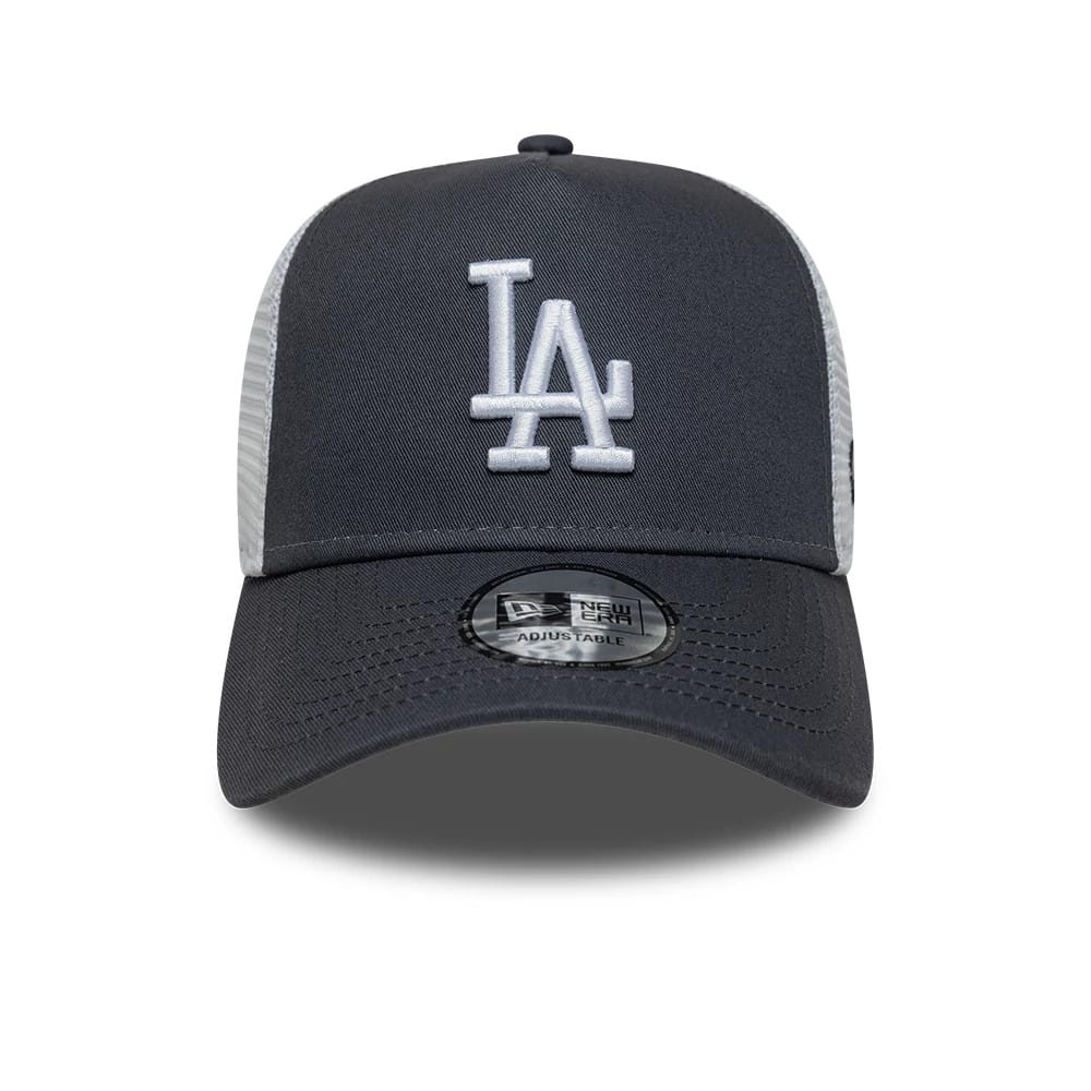Pictured is this MLB League Essential LA Dodgers 9FORTY A-Frame Trucker cap in grey. 2