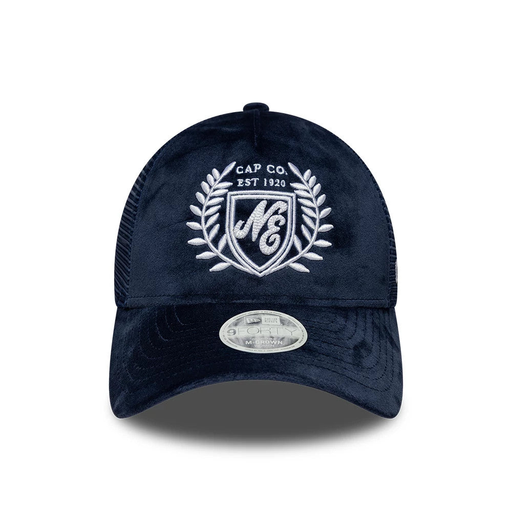 Pictured is this Womens New Era Velour 9FORTY M-Crown A-Frame Trucker cap in navy. 2