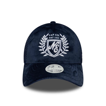 Pictured is this Womens New Era Velour 9FORTY M-Crown A-Frame Trucker cap in navy. 2