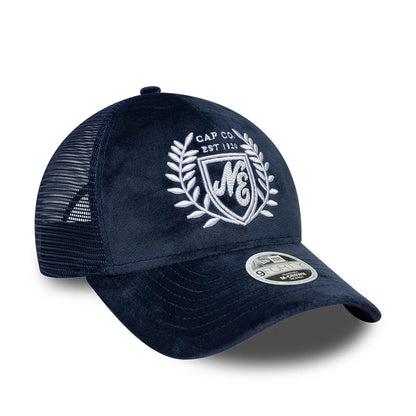 Pictured is this Womens New Era Velour 9FORTY M-Crown A-Frame Trucker cap in navy. 3
