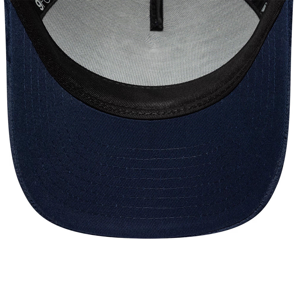 Pictured is this Womens New Era Velour 9FORTY M-Crown A-Frame Trucker cap in navy. 5