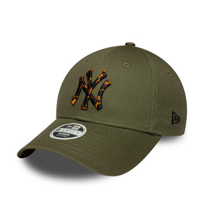 New York Yankees Womens MLB Tortoise Infill Green New Era 9FORTY Adjustable Cap, front view showing the tortoise shell pattern NY logo embroidered on the front panel, a curved visor with a 9FORTY size sticker.