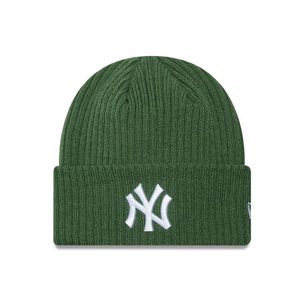 New Era New York Yankees MLB Wide Dark Green Cuff Knit Beanie Hat, front view showing the embroidered white New York Yankees logo on the wide cuff, with ribbed knit texture throughout the dark green beanie.