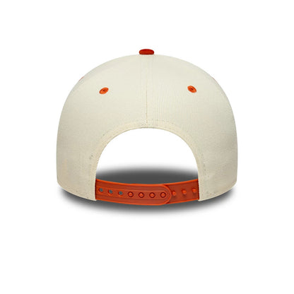 New York Yankees MLB Suede Cream & Orange New Era 9FORTY E-Frame Adjustable Cap, rear view showing the orange snapback closure, contrasting with the cream fabric of the structured crown, and matching orange embroidered eyelets and top button.