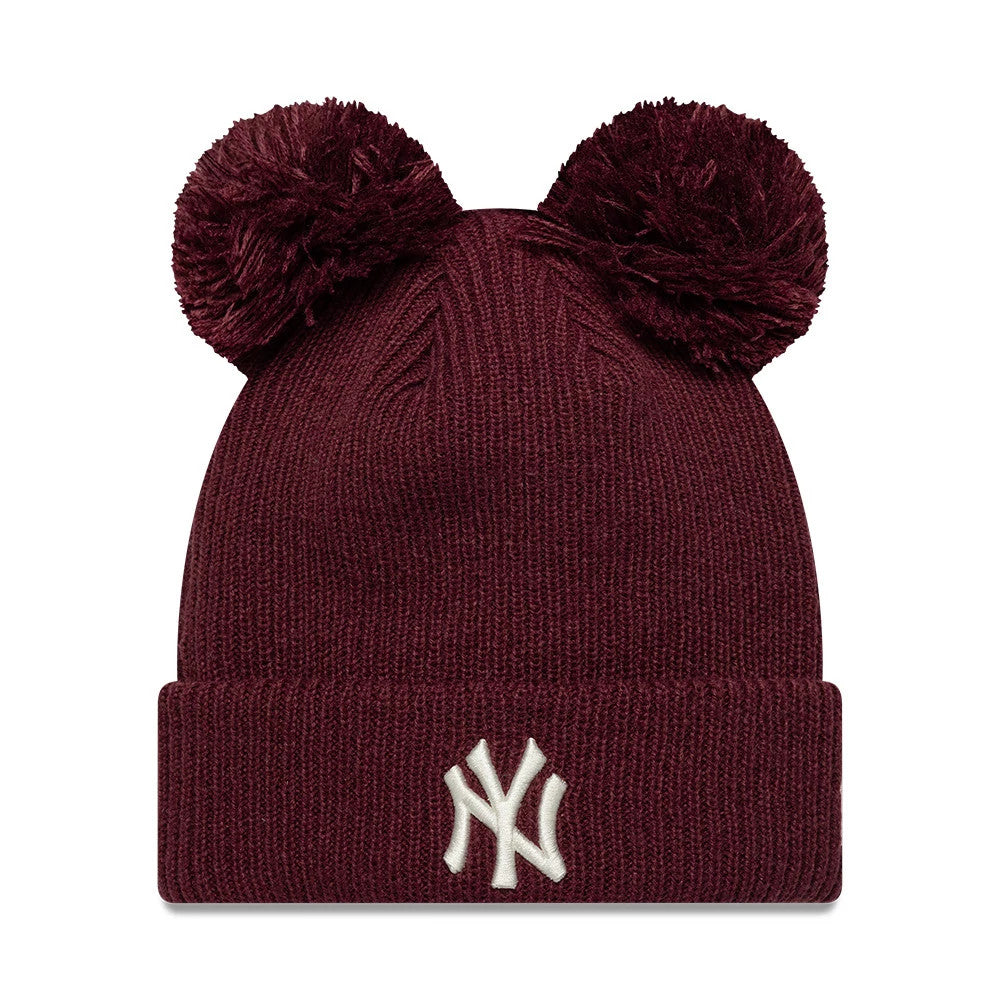 New Era New York Yankees Womens MLB Double Pom Dark Red Cuff Knit Beanie Hat, front view showing the white embroidered NY logo on the cuff, complemented by two dark red pom-poms on top and a ribbed knit design throughout the cap.