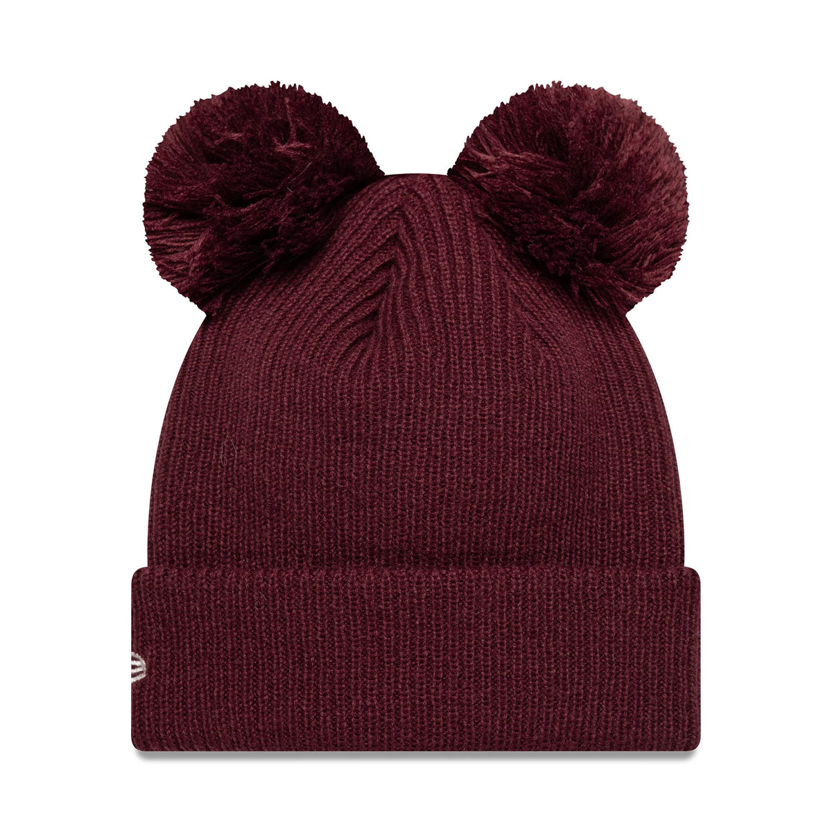 New Era New York Yankees Womens MLB Double Pom Dark Red Cuff Knit Beanie Hat, front view showing two fluffy pom poms on the top, a folded cuff, and the New Era flag logo on the left side.