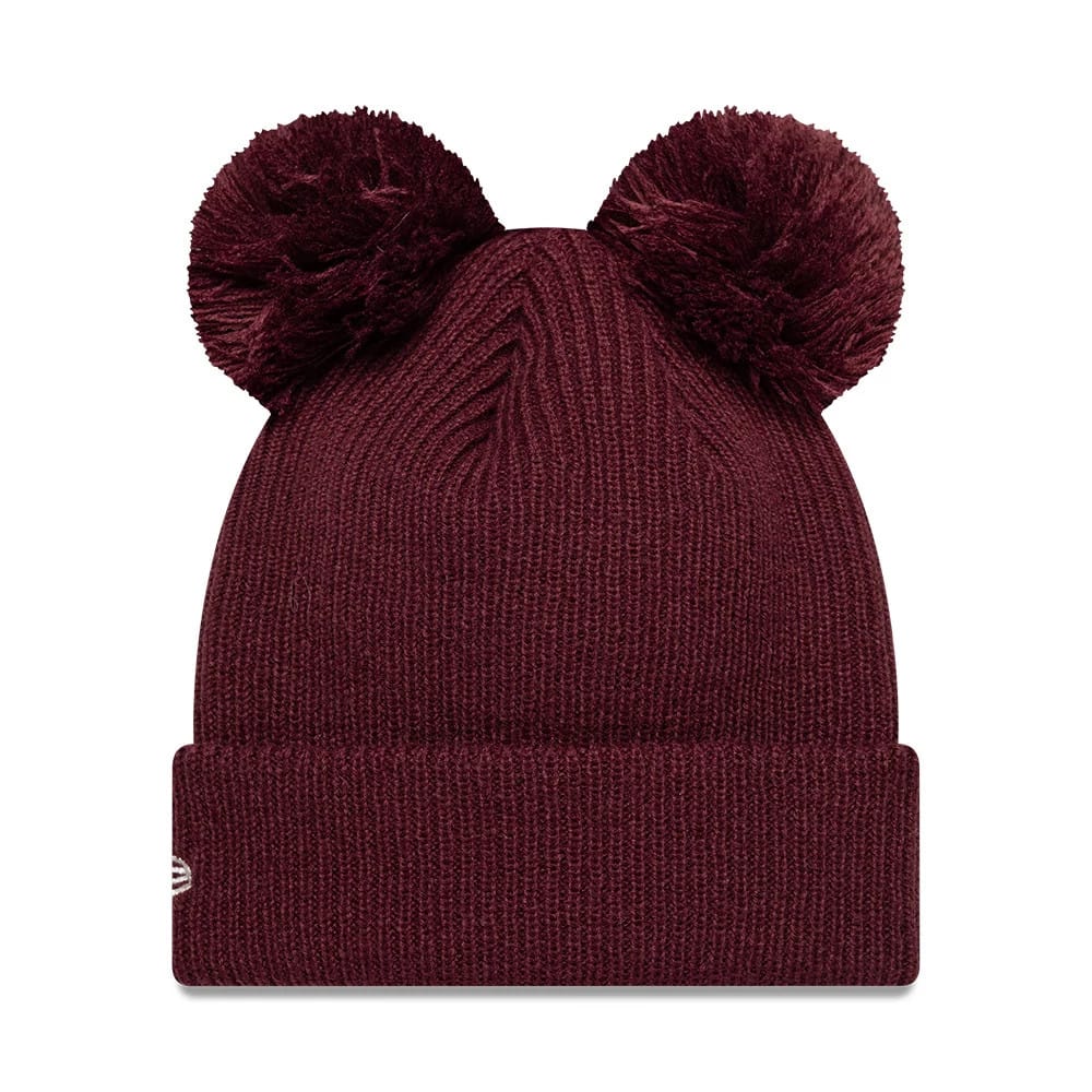Pictured is this Womens MLB Double Pom New York Yankees Cuff Knit Beanie hat in dark red. 2