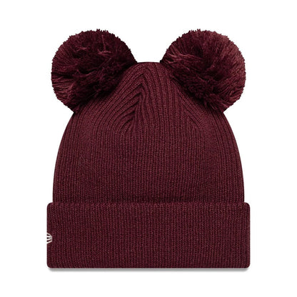 Pictured is this Womens MLB Double Pom New York Yankees Cuff Knit Beanie hat in dark red. 2