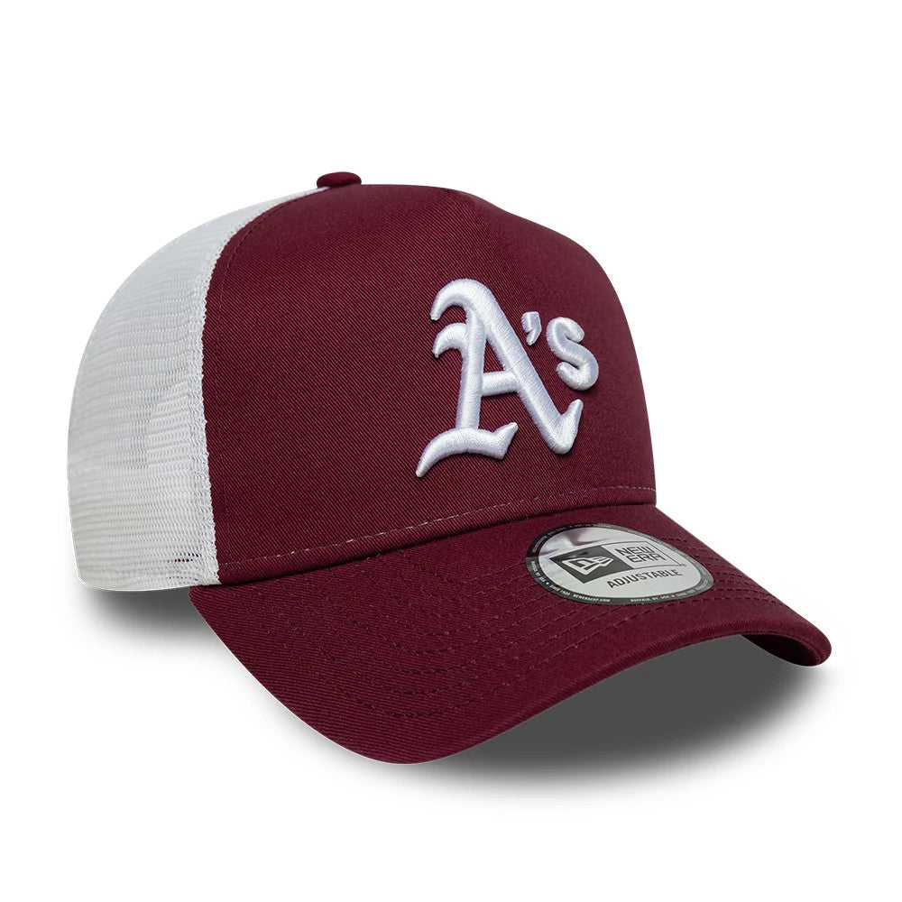 Pictured is this MLB League Essential Athletics 9FORTY A-Frame Trucker cap in dark red. 3