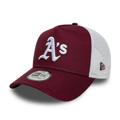 Pictured is this MLB League Essential Athletics 9FORTY A-Frame Trucker cap in dark red. 1