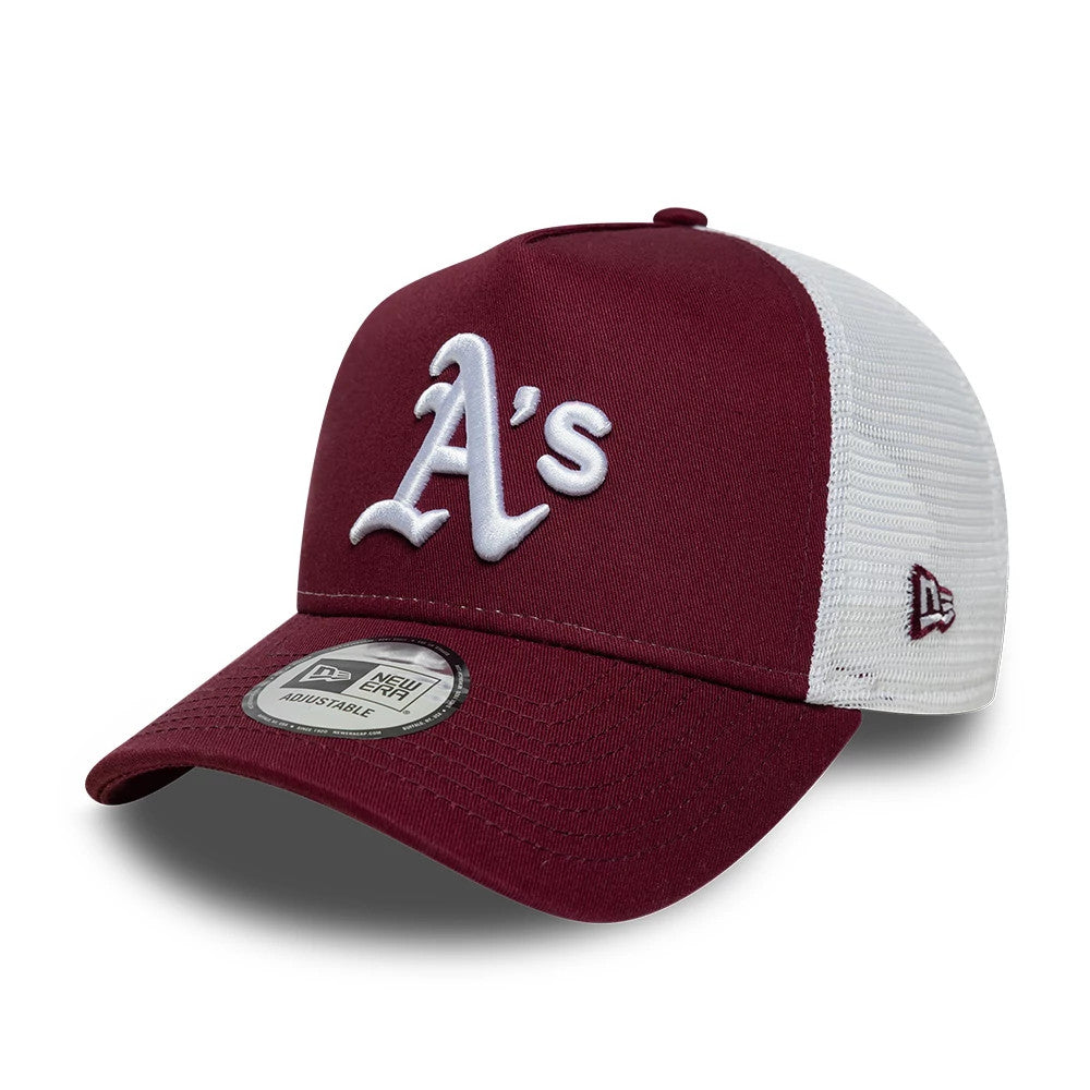 Pictured is this MLB League Essential Athletics 9FORTY A-Frame Trucker cap in dark red. 1