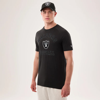 The model is wearing this NFL Sideline 2026 Las Vegas Raiders T-Shirt in black. 1